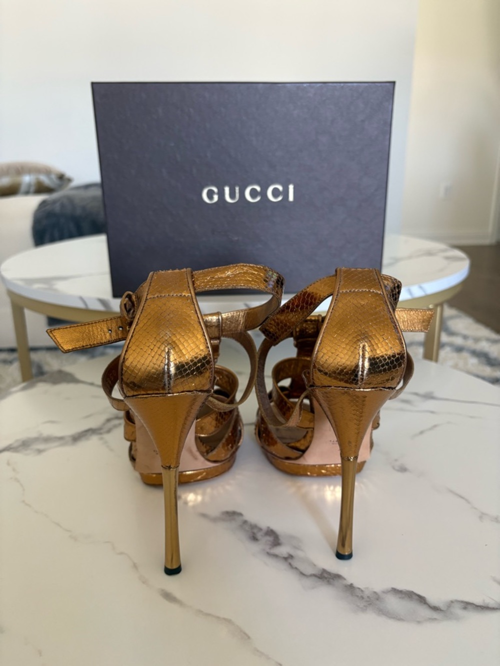 Gucci Gold Woven Snake-Embossed High Heels WITH BOX - Picture 11 of 12